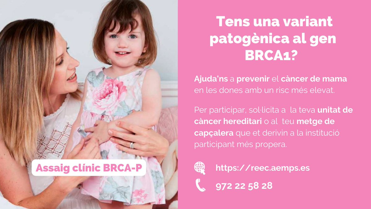 🧬 Tens una mutació al gen #BRCA1? 🙋‍♀️Ajuda’ns a prevenir el càncer de mama en dones amb un risc més elevat. Participa a l’assaig clínic BRCA-P🔬 📱972 22 58 28 👩🏻‍💻 reec.aemps.es ➡️ico.gencat.cat/ca/detall/noti…