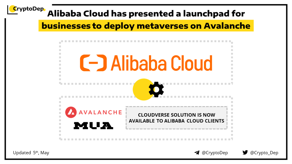 Crypto_Dep's tweet image. ⚡️ @Alibaba_cloud has presented a launchpad for businesses to deploy metaverses on @Avax 

#AlibabaCloud, jointly with its partners, has developed a launchpad for businesses to rapidly deploy metaverses on #Avalanche , called #Cloudverse . Cloudverse is a one-stop, end-to-end