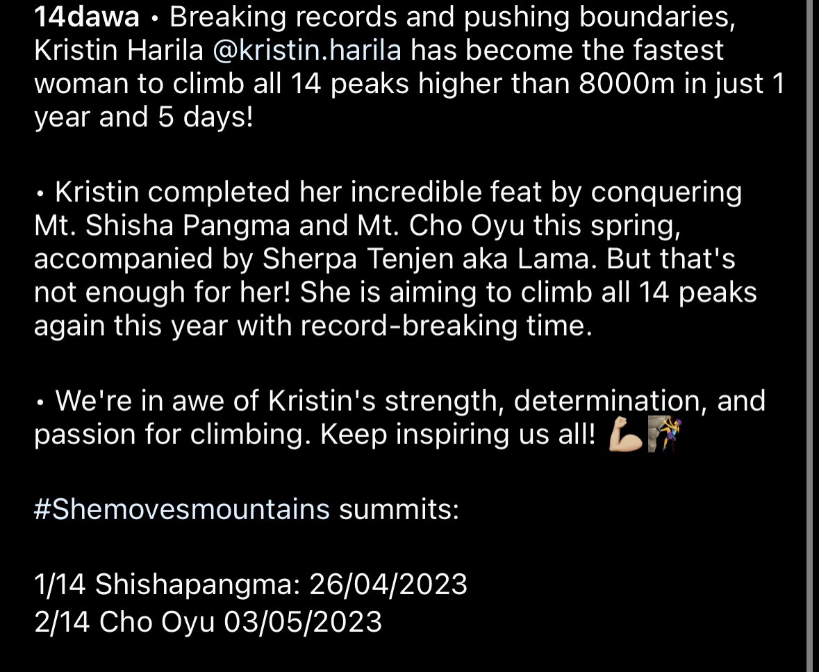 Breaking records and pushing boundaries, Kristin Harila 🇳🇴 has become the fastest woman to climb all 14 peaks higher than 8000m in just 1 year and 5 days! 

Expd: <a href="/sst8848/">Seven Summit Treks 🇳🇵</a> 🇳🇵 

#sst #sevensummittreks #8000er #8000m #mountaineering #mountains #alpinism #himalayas #nepal