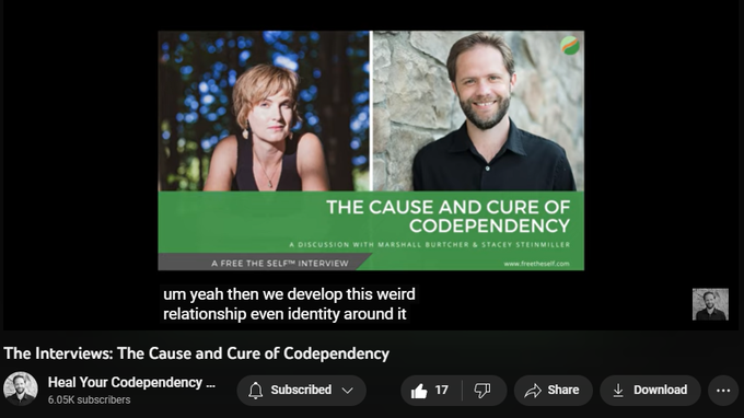 255 views  28 Apr 2023
Stacey and Marshall discuss the origins of codependency, how needs are factored in, and how to actually heal and be free of your codependency.

You can follow Stacey Steinmiller here:    

 / @theradicalevolution  

***

Seeking help in healing codependency? Join The Heal Your Codependency Community and get access to weekly experiments, practices, and support in your healing journey: https://community.freetheself.com


***

Connect with me on social media and via email, and learn more about how I heal codependency permanently even when therapy and self-help efforts have failed you: https://links.freetheself.com