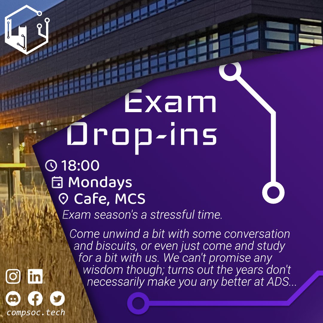 ducompsoc's tweet photo. #Examseason's a stressful time. 😮💨 Come unwind a bit with some conversation and biscuits, or even just come and study for a bit with us. We can't promise any wisdom though; turns out the years don't necessarily make you any better at ADS... #durham #CompSoc https://t.co/qNttL3Sko4