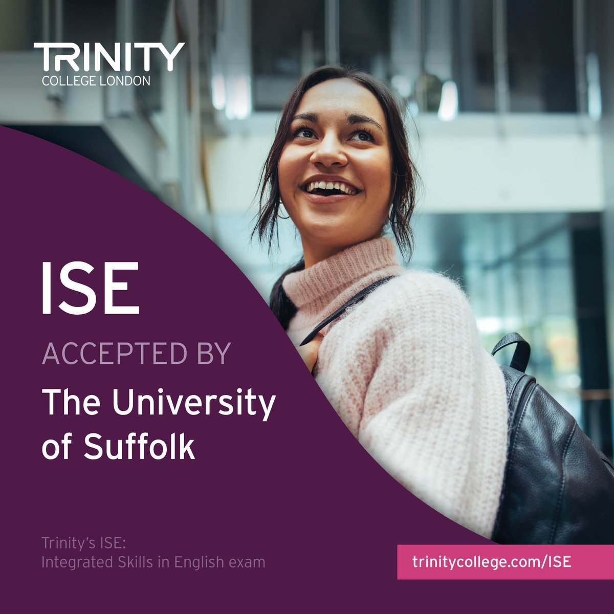 We're pleased to add the #UniversityofSuffolk to the growing list of UK universities that accept the #TrinityISE exam as proof of English language proficiency for entrance purposes. Learn more: hubs.la/Q01NP6xm0

#TrinityISE #UKELT #Qualifications #EnglishProficiency