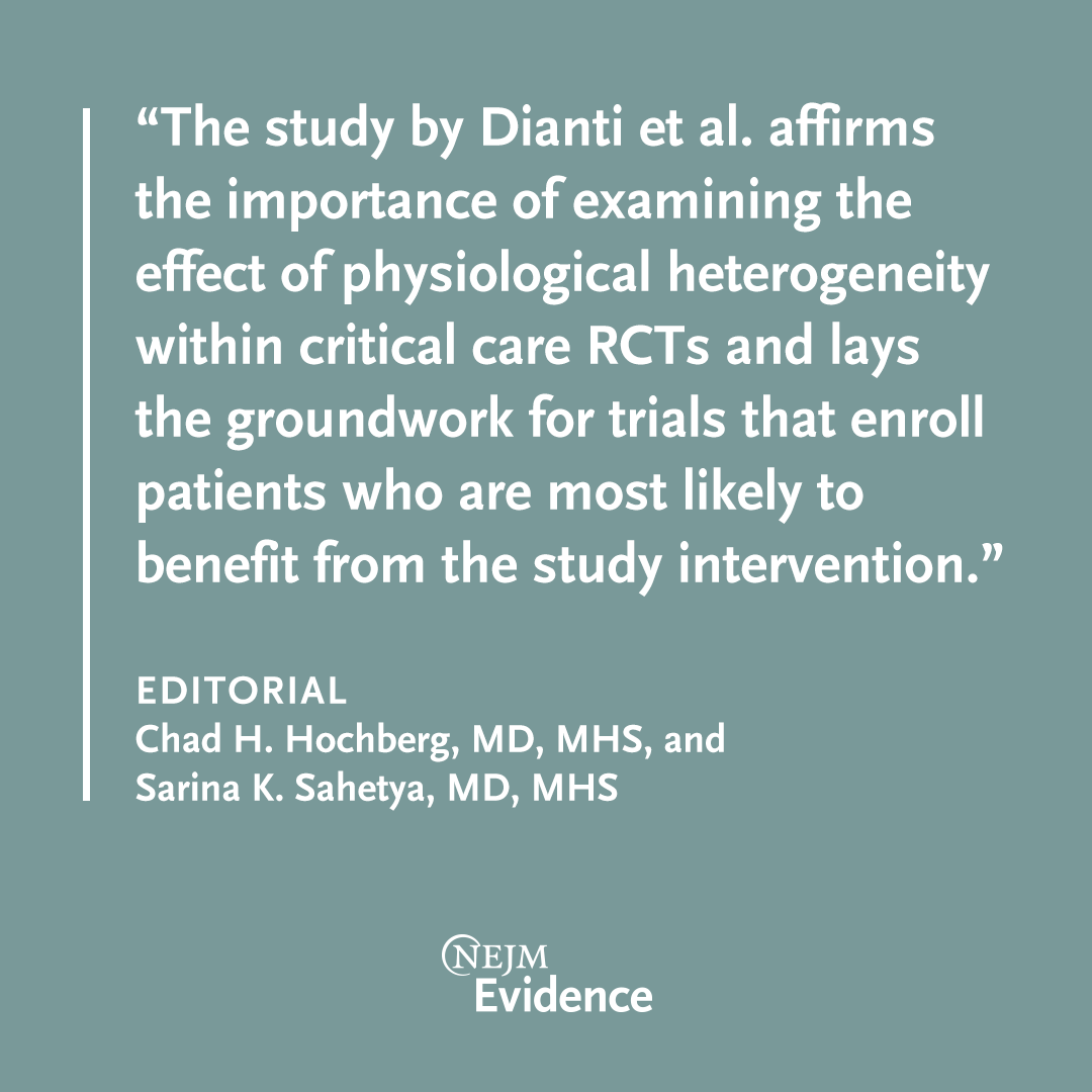 NEJMEvidence's tweet photo. Editorial: “Laying the Groundwork for Physiology-Guided Precision Medicine in the Critically Ill,” by @ChadHoc and @SarinaKS. https://t.co/jT0GPHoL5l

#CriticalCare  #MedTwitter
@HopkinsPCCM @HopkinsMedicine
