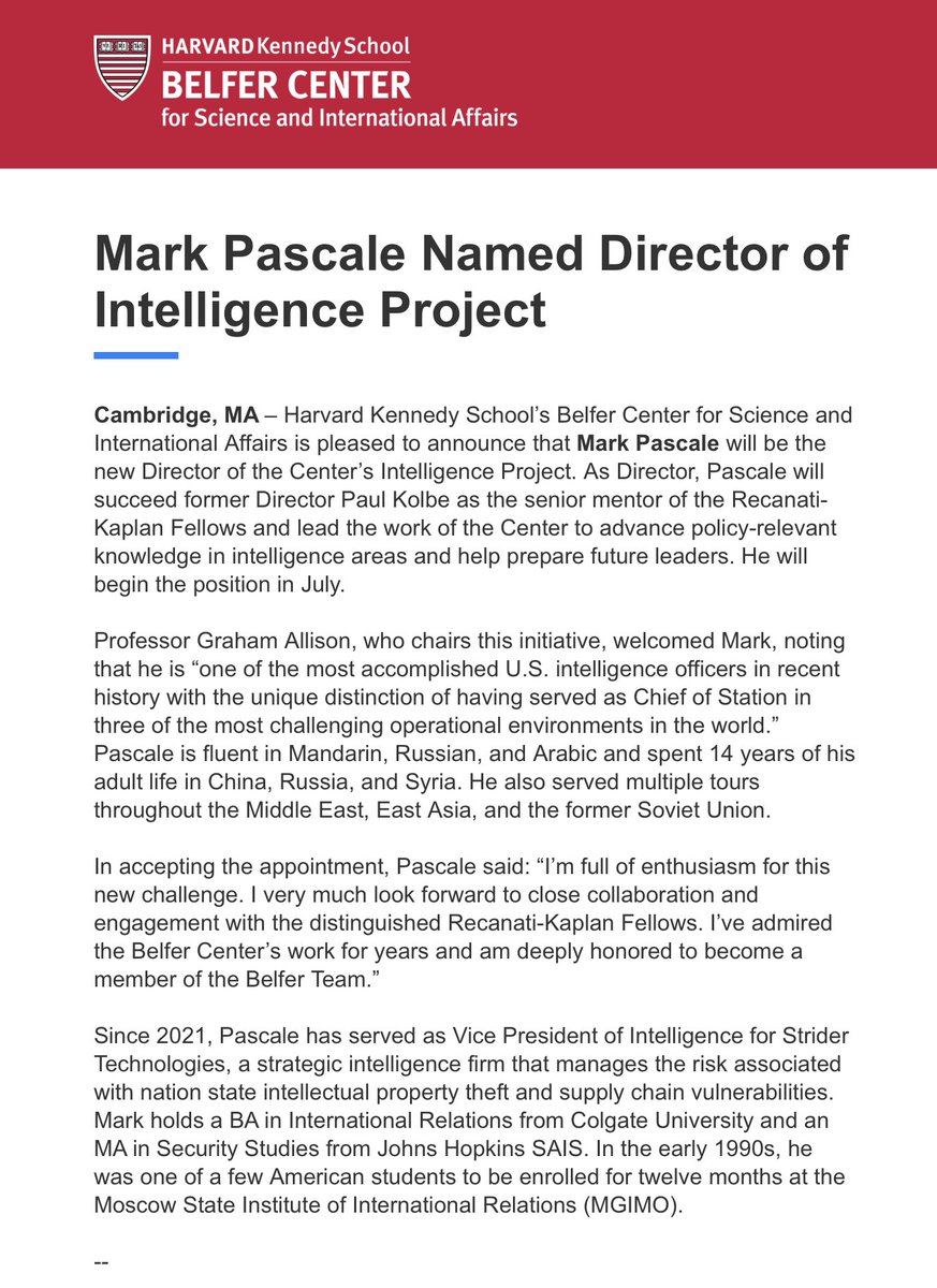 calder_walton's tweet image. To say that I am excited about this is a *huge* understatement!

The #IntelligenceProject @BelferCenter  is lucky to have Mark Pascale become its new Director

Mark&apos;s expertise on Russia, China, and the Middle East, is unique.

We will be lucky to have him as a colleague