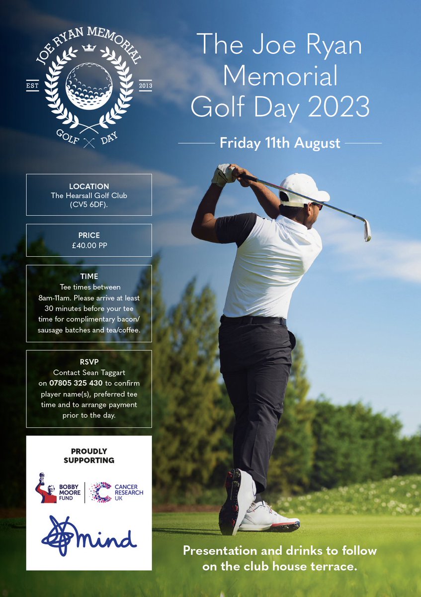 Sean__Taggart's tweet photo. Details for the The Joe Ryan Memorial Golf Day are confirmed. Please see poster for more information.  

It's always a special day, remembering a great friend and raising some money for charity in the process. 

Give me a shout if you'd like to play. https://t.co/vdKLlifuu0