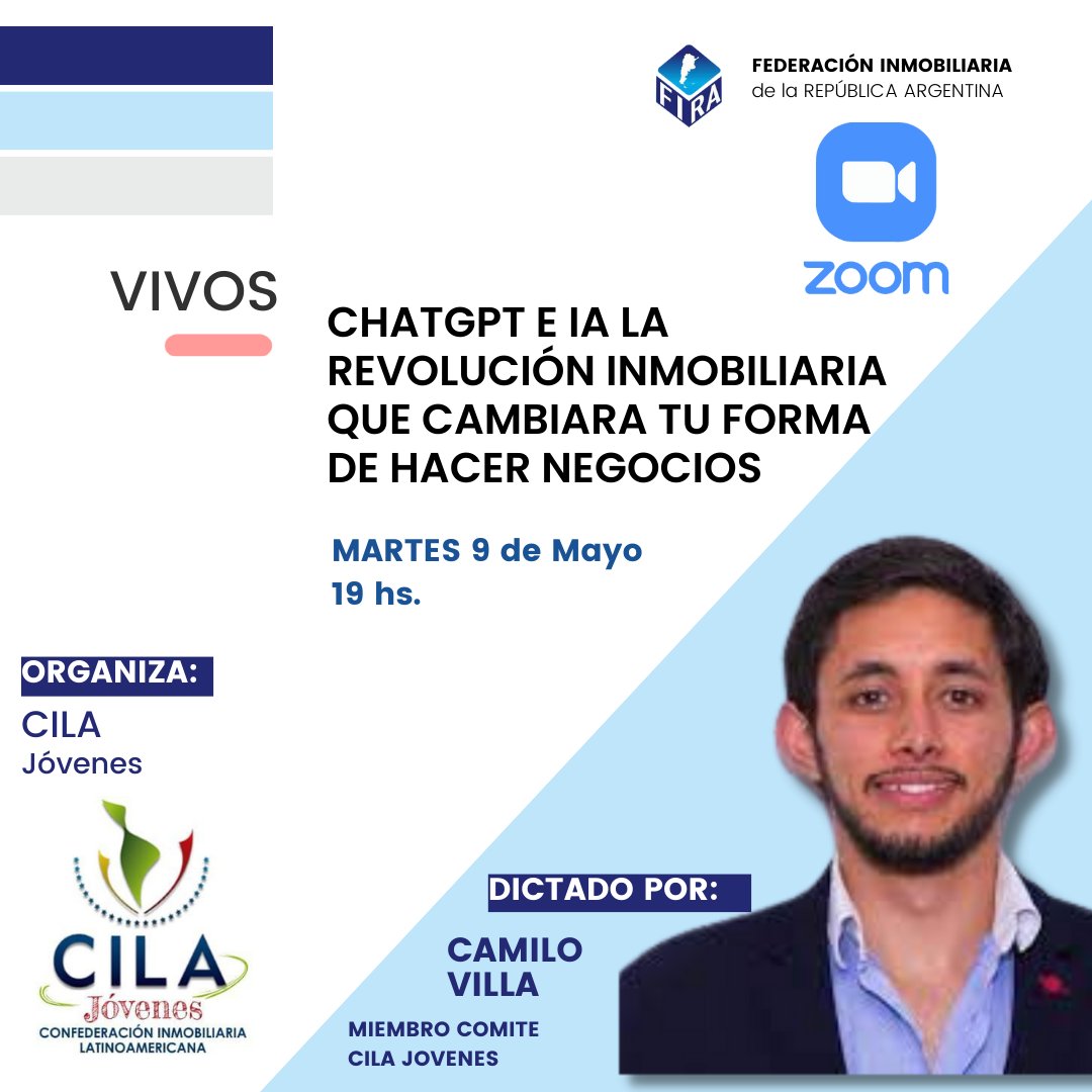 FIRA_Arg's tweet photo. 🕹FIRA invita
“CHATGPT E IA: LA REVOLUCIÓN INMOBILIARIA QUE CAMBIARÁ TU FORMA DE HACER NEGOCIOS”
✅ Dictado por: 
Camilo Villa, MIEMBRO DEL COMITÉ CILA JÓVENES
🗓 FECHA:  9 DE MAYO.
🕗 7:00 pm – Argentina, Brasil, Paraguay, Uruguay, Chile
📢 Inscribite: https://t.co/T4P8vVvH3x https://t.co/759CBnzupG