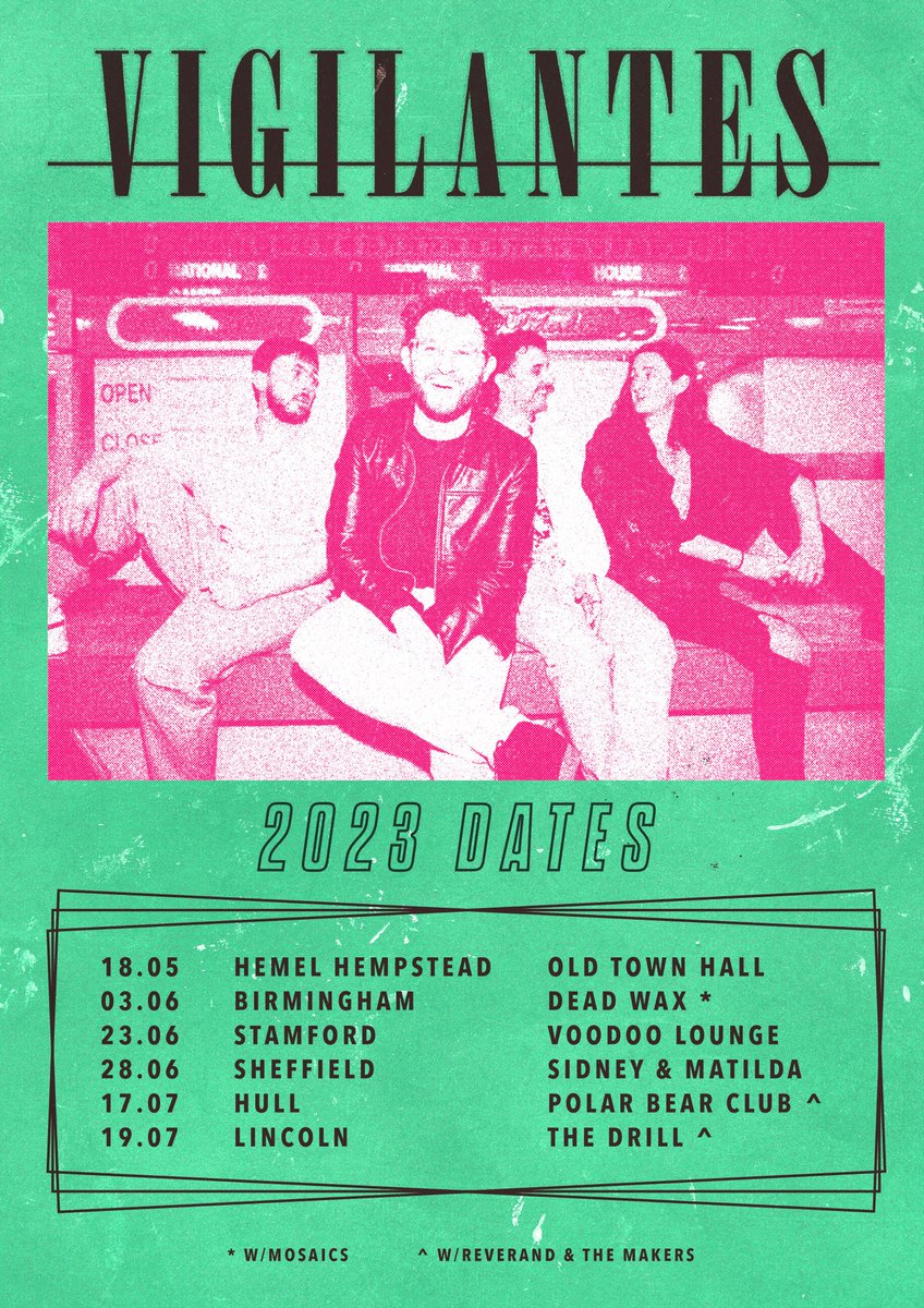 Vigilantes (@vigilantesmusic) on Twitter photo Our dates for May/June are here and on sale, we can't wait to see you allβοΈ
Tickets: linktr.ee/vigilantesmusic
Lincoln & Hull are now sold out supporting <a href="/Reverend_Makers/">Reverend&TheMakers</a> πͺ
<a href="/MosaicsBandUK/">MOSAICS</a> <a href="/Juicebox_Indie/">π
πππΎππ½ππ ππππ</a> <a href="/sidneymatilda/">sidneyandmatilda</a> <a href="/LincolnDrill/">Lincoln Drill</a> Our dates for May/June are here and on sale, we can't wait to see you allβοΈ
Tickets: linktr.ee/vigilantesmusic
Lincoln & Hull are now sold out supporting <a href="/Reverend_Makers/">Reverend&TheMakers</a> πͺ
<a href="/MosaicsBandUK/">MOSAICS</a> <a href="/Juicebox_Indie/">π
πππΎππ½ππ ππππ</a> <a href="/sidneymatilda/">sidneyandmatilda</a> <a href="/LincolnDrill/">Lincoln Drill</a>