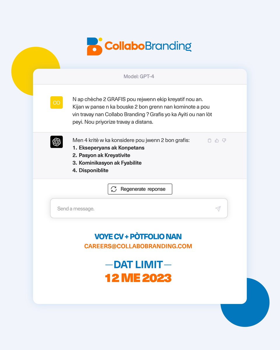 collabobranding's tweet photo. Rejwenn fanmi Collabo a kounya ! Nap rekrite. Byenvini deja☺️️️️️️️
Tag yon grafis 👇🏽
#CollaboBranding #WeHire #designerneed #Collabox3 #NowTheNextLevel https://t.co/wJOoWecs5J