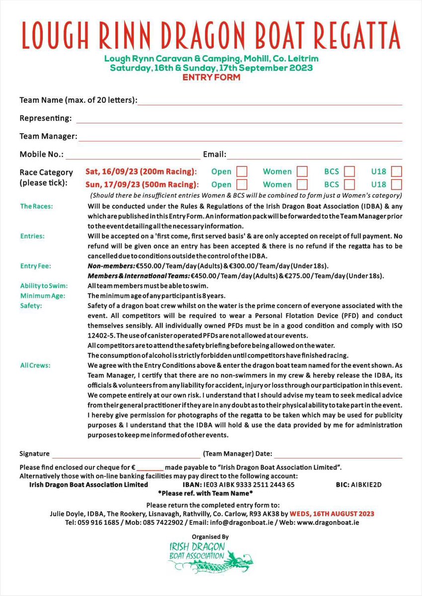 2/2

Calling all international dragon boat teams! We invite you to attend the Lough Rinn Dragon Boat Regatta
For further information, please email info@dragonboat.ie.

We look forward to welcoming you to the Emerald Isle!

#dragonboatracing #dragonboatlife #dragonboat #idbf