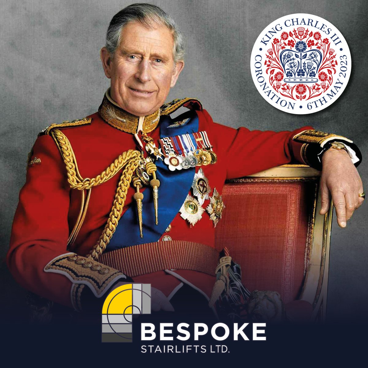 #Celebrating the #Coronation of His Royal Highness King Charles III.

<a href="/BespokeLifts/">Bespoke Stairlifts Limited</a>, #Proud to be #British.

bespokestairlifts.com

#HRH #Bespoke #Infinity #Synergy #Stair #Chair #Lift #Worldwide #Global #Mobility #Partners #Dealers #Sales #MadeinUK