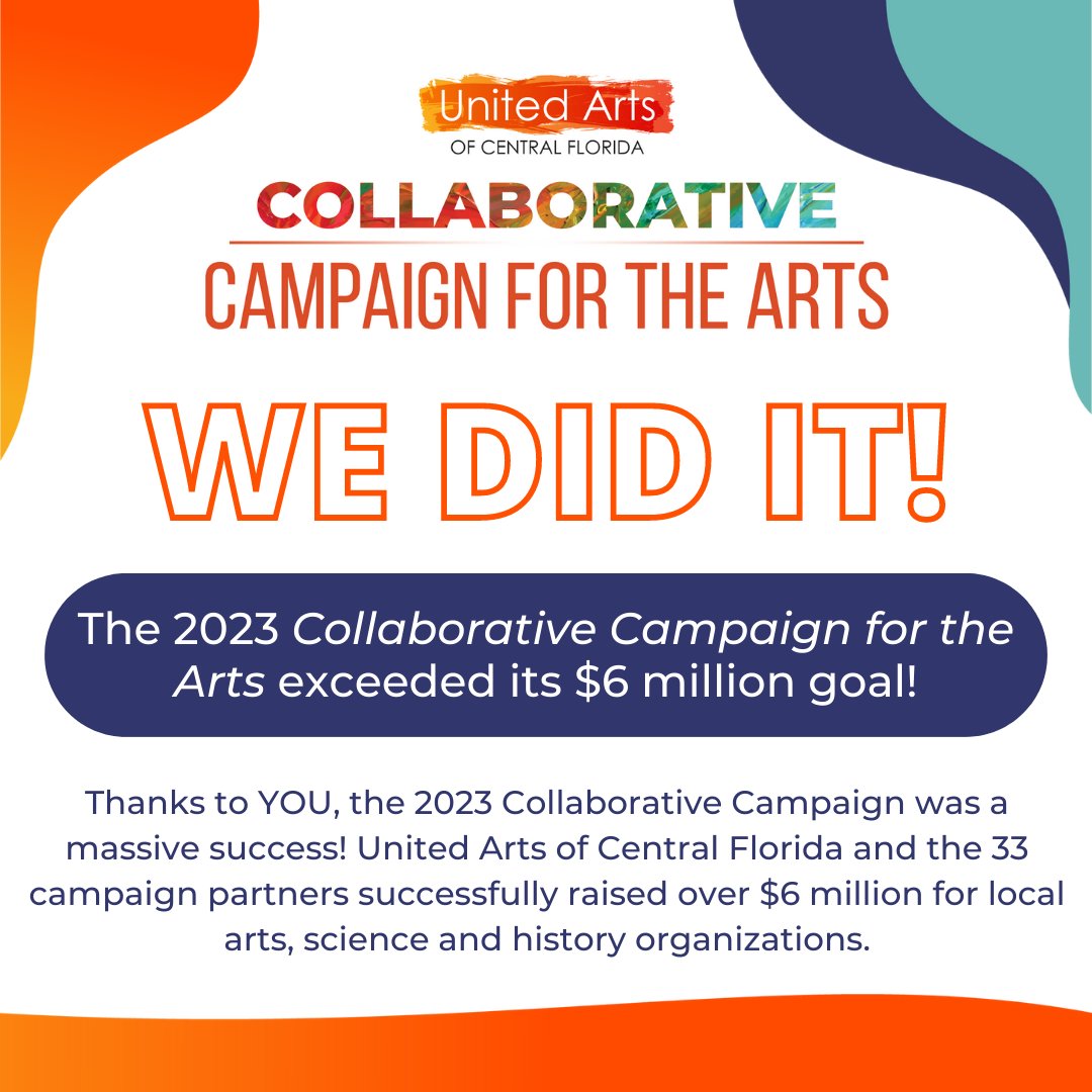 It's official! 🎉 United Arts and the 33 campaign partners raised over $6 million for local arts, science and history organizations during the 2023 Collaborative Campaign for the Arts! 🥳

Thanks to generous donors like YOU, the 2023 Collaborative Campaign was a massive success!