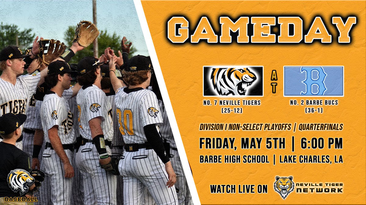 Neville Baseball (@neville_bsb) on Twitter photo 𝗚𝗮𝗺𝗲𝗱𝗮𝘆.
Game 2. New Day.
🆚 at #2 Barbe Bucs (36-1)
🏟️ Barbe High School
📍 Lake Charles, Louisiana
⏰ 6:00 PM
📺<a href="/nevillenetwork/">Neville Tiger Network</a> 𝗚𝗮𝗺𝗲𝗱𝗮𝘆.
Game 2. New Day.
🆚 at #2 Barbe Bucs (36-1)
🏟️ Barbe High School
📍 Lake Charles, Louisiana
⏰ 6:00 PM
📺<a href="/nevillenetwork/">Neville Tiger Network</a>