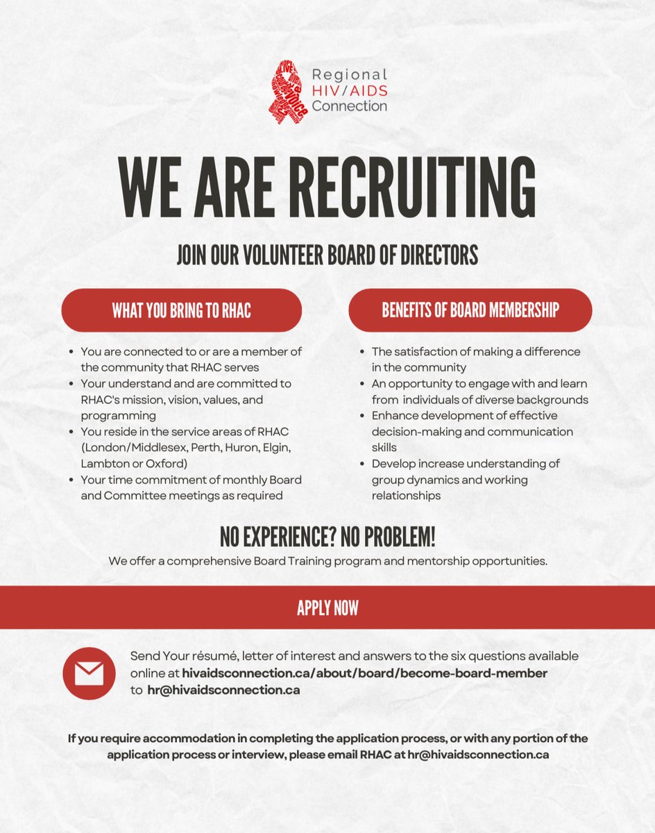 Apply to join the Board of Regional HIV/AIDS Connection! Prospective board members are asked to submit their resume and letter of interest to hr@hivaidsconnection.ca by June 16, 2023 @ 4:00pm. Visit hivaidsconnection.ca/about/board/be… for details and to apply!