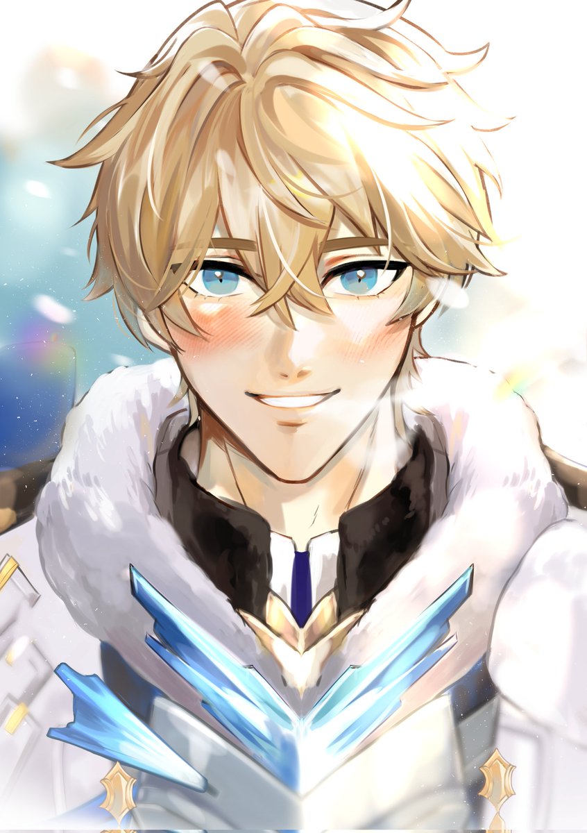 1boy male focus blonde hair blue eyes smile looking at viewer armor  illustration images