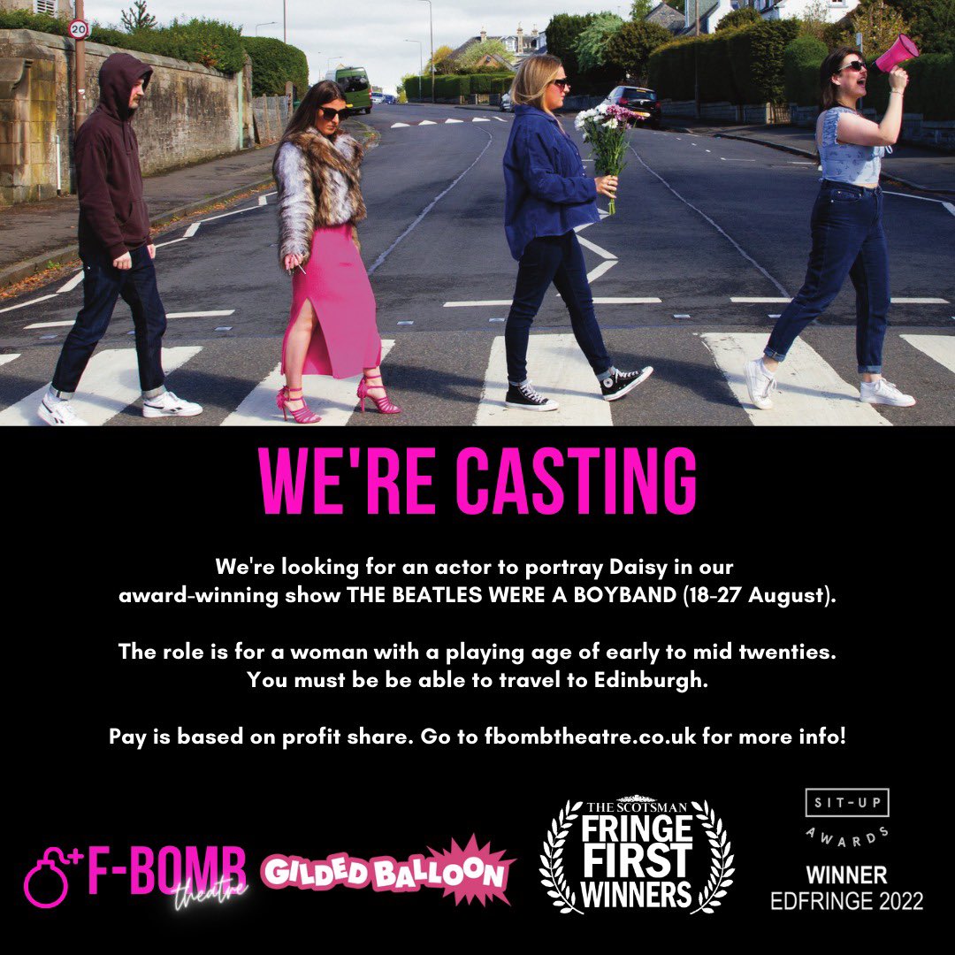 Our Linzi has won a lead role in a musical this EdFringe and we couldn't be prouder❤️ Due to availability, we are recasting her role of Daisy in this year's production of The Beatles Were A Boyband. Head to the link below to find out more.

fbombtheatre.co.uk/casting-call-e…