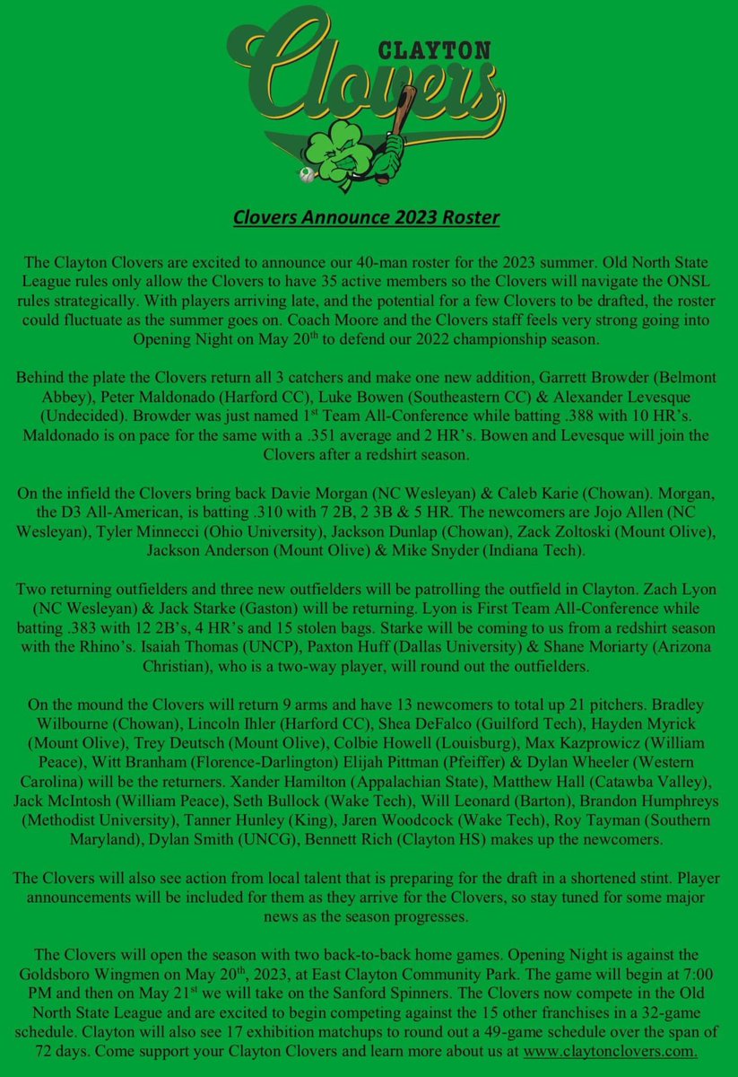 ClaytonClovers's tweet photo. FOR IMMEDIATE RELEASE:

The Clayton Clovers Baseball Club are proud to announce their second roster in team history and first as a member of The Old North State League

#GetLucked 🍀🍀 https://t.co/8zBaOg51Hu