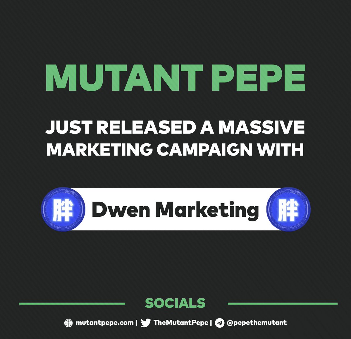 We JUST did a PARTNERSHIP with Dwen Marketing🤝

Massive announcement coming soon. 🚀

We are everywhere👀 $MUTANT Army💪 

#memecoin #tothemoon #mutantpepe #1000x #smashpepe #PEPE #PepeCoin #BTC #BNB
