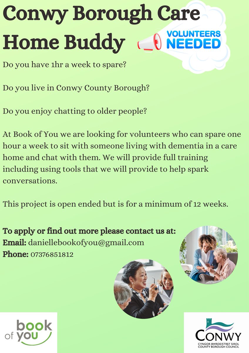 Can you spare 1 hour a week to make a difference to the life of a person living with #dementia? Our #carehomebuddy project is looking for #volunteers in #Denbighshire and #Conwy to sit and chat to residents living in local care homes who have few visitors. Can you help?