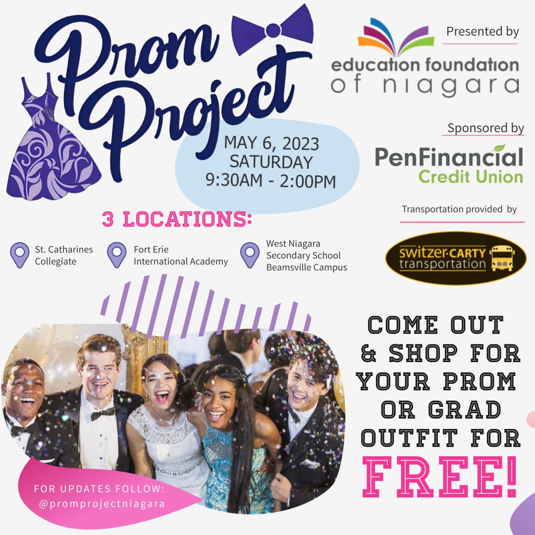 Prom Project Niagara - 🗓 MAY 2024! (@promniagara) on Twitter photo Calling all <a href="/dsbn/">District School Board of Niagara</a> graduates in grades 6, 8 & 12: Prom Project #Niagara 2023 is TOMORROW! There is no registration necessary, just show up to one of our three locations between 9:30am-2:00pm to get a free formal outfit! Note: There may be a line to get in, plan accordingly! Calling all <a href="/dsbn/">District School Board of Niagara</a> graduates in grades 6, 8 & 12: Prom Project #Niagara 2023 is TOMORROW! There is no registration necessary, just show up to one of our three locations between 9:30am-2:00pm to get a free formal outfit! Note: There may be a line to get in, plan accordingly!