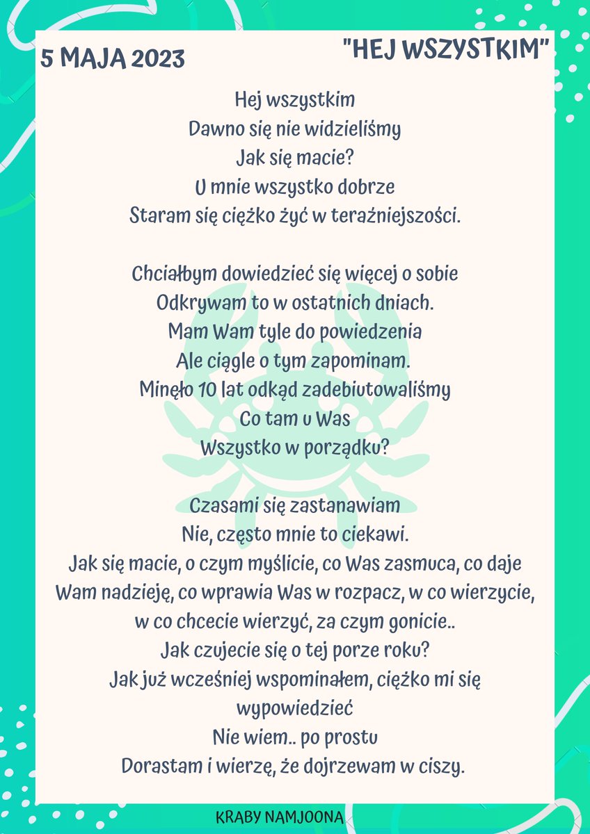 NamjoonPoland's tweet photo. 5 maja 2023 roku
"Jestem pewien, że też macie dużo ciężkich chwil
Że czujecie ból
Będę często o Was myślał i zastanawiał się, co u Was
Moje posty i listy są moim sposobem na wysłanie Wam mojej miłości.
Bądźcie ostrożni w deszczu! Uważajcie, aby nie złapać przeziębienia." https://t.co/lb2Py30SBQ