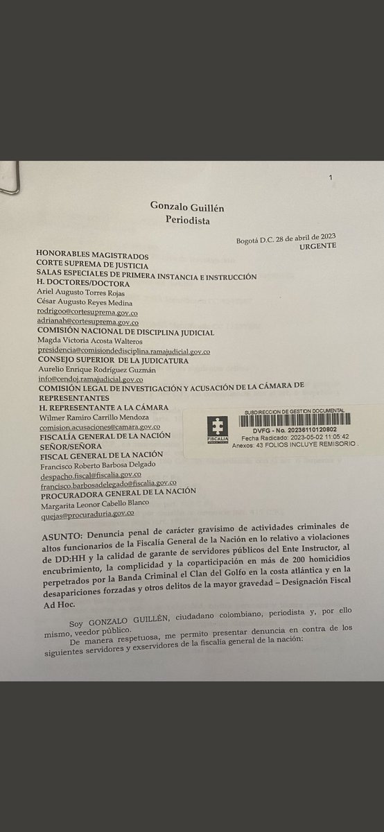 Aparte de los dos primeros reportajes que he publicado en <a href="/lanuevaprensaco/">La Nueva Prensa</a> sobre cómo <a href="/FiscaliaCol/">Fiscalía Colombia</a> dejó cometer y encubre más de 200 homicidios del Clan del Golfo, también elevé denuncia y el hampón Francisco Barbosa dijo hoy que se limpia el culo con ella.