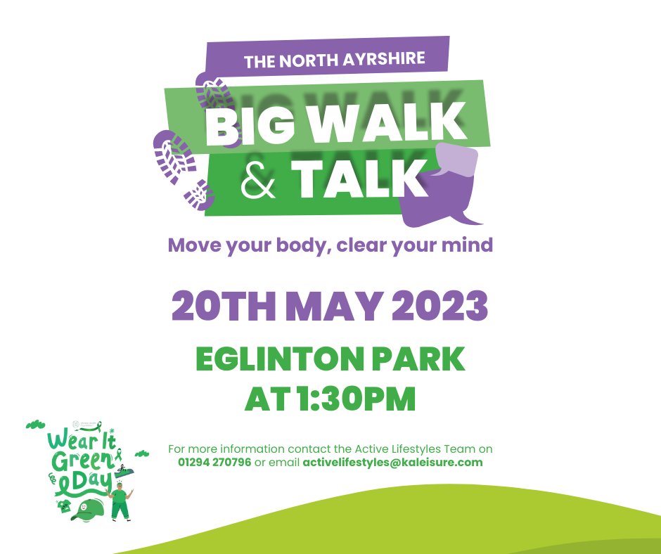 NAHSCP's tweet photo. A reminder that the Big Walk and Talk is at Eglinton Park this Saturday (20 May). Why not come along, move your body and clear your mind. The walk will last around an hour. Register online at https://t.co/C3QJQbG6fQ #NorthAyrshireMentalHealthMatters #MentalHealthAwarenessWeek https://t.co/pwEe5j6JX6