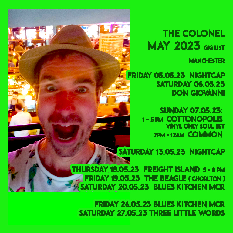 Joyful May Frolics.
Here are all the places I will be gambolling around behind the decks like a new lamb.
Kicking off with some extra gigs this weekend because of the new king being corrugated.
See you there.

#manchestermusicscene #djgigs #dj #funk #soul #disco #house #bassmusic