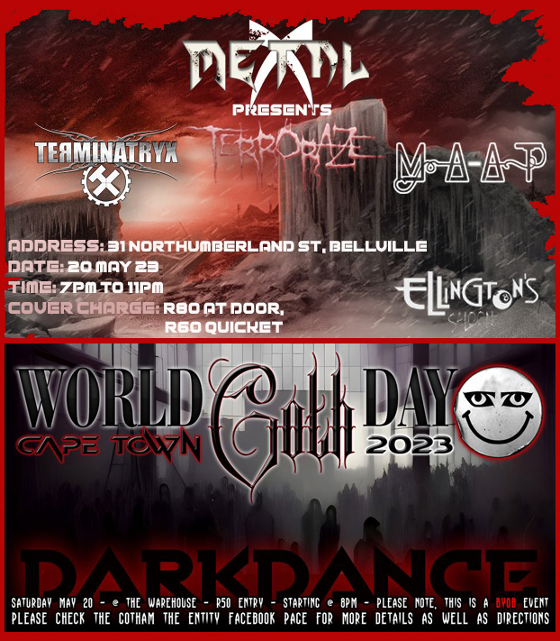 TERMINATRYX's tweet photo. Was SAT 20 MAY a toss-up between the @TERMINATRYX / @TerroRaze / MA-AT show, and the #WorldGothDay #CapeTown party? Well, you can do BOTH by getting into the Goth event (pumping 'til 4am) after our show for just R20 when presenting your #Quicket ticket! https://t.co/V3h6kNSRXy https://t.co/TJELp68lIV