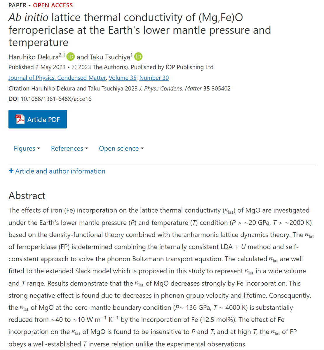 JPhysCM's tweet photo. 🔓New #OpenAccess Article in #JPCM! Take a look at Ab initio lattice thermal conductivity of (Mg,Fe)O ferropericlase at the Earth's lower mantle pressure and temperature 🌎 Read here: https://t.co/Hxj5k5FAUh @IOPmaterials @IOPPublishing @Ehime_Univ https://t.co/37aCyvGKP7