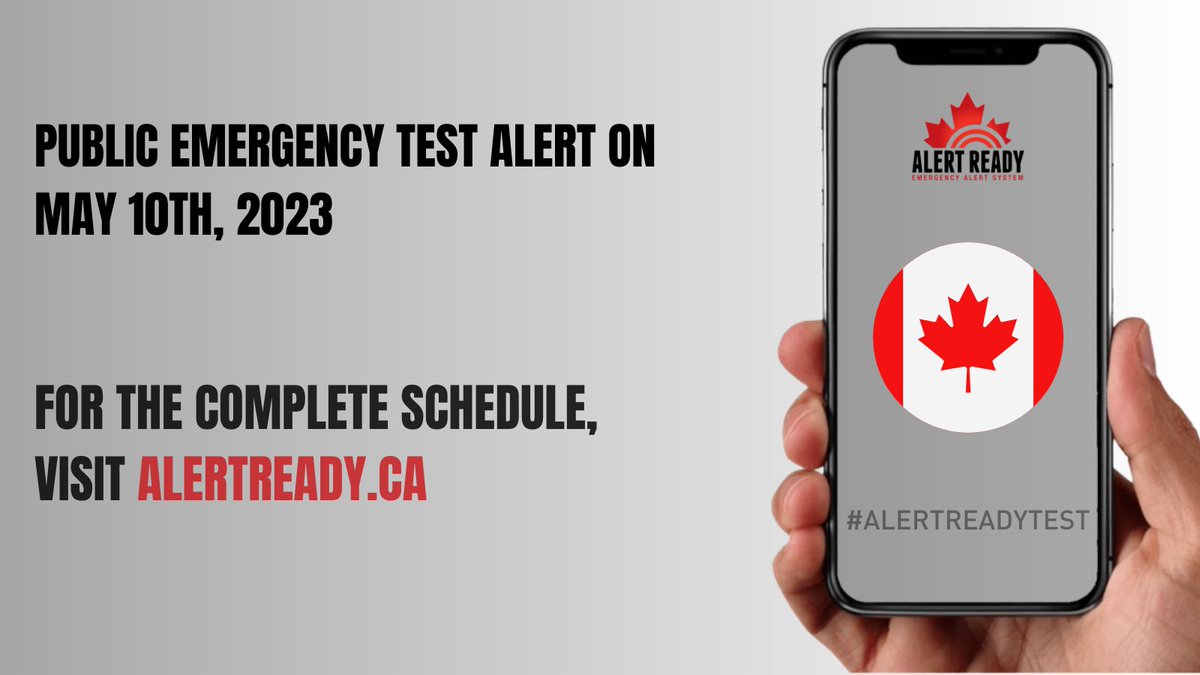 AlertReady's tweet image. ⚠️ We&apos;re running our routine test on May 10th ⚠️

Canadians in participating provinces and territories can expect an alert on their TV, phone, &amp;amp; radio on May 10th🗓️.

For a list of times⏲️, visit -alertready.ca/testing-schedu…

#AlertReadyTest #EPWeek2023