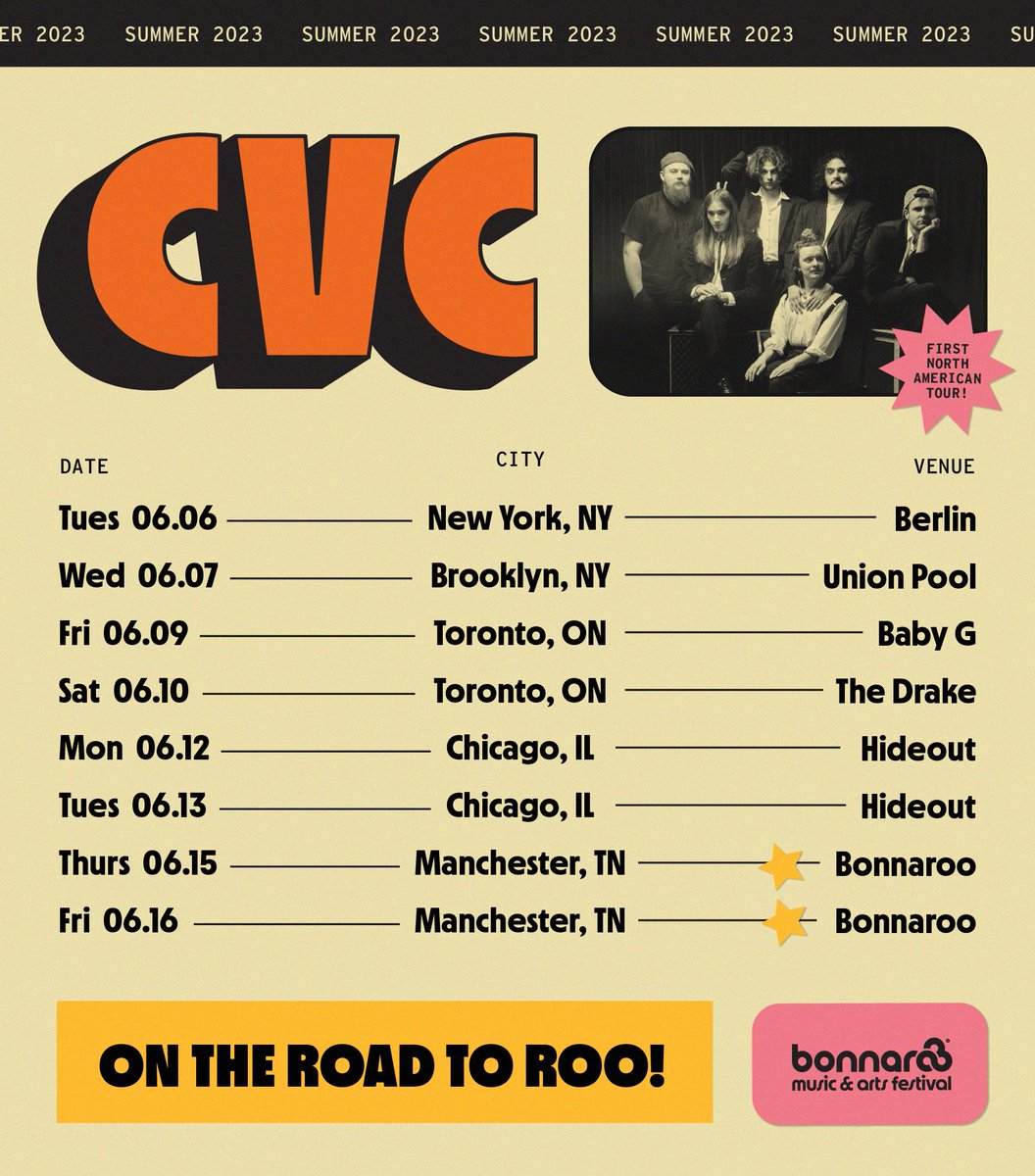 Bonnaroo's tweet photo. it's official: @CVCband_ will tour in north america for the FIRST TIME on their road to #bonnaroo 👏😎 as one of our favorite up &amp; coming bands, we're honored to bring them to y'all this summer!   

tickets are on sale NOW 👉 https://t.co/hGDtqPaehI https://t.co/DProxmgCiG