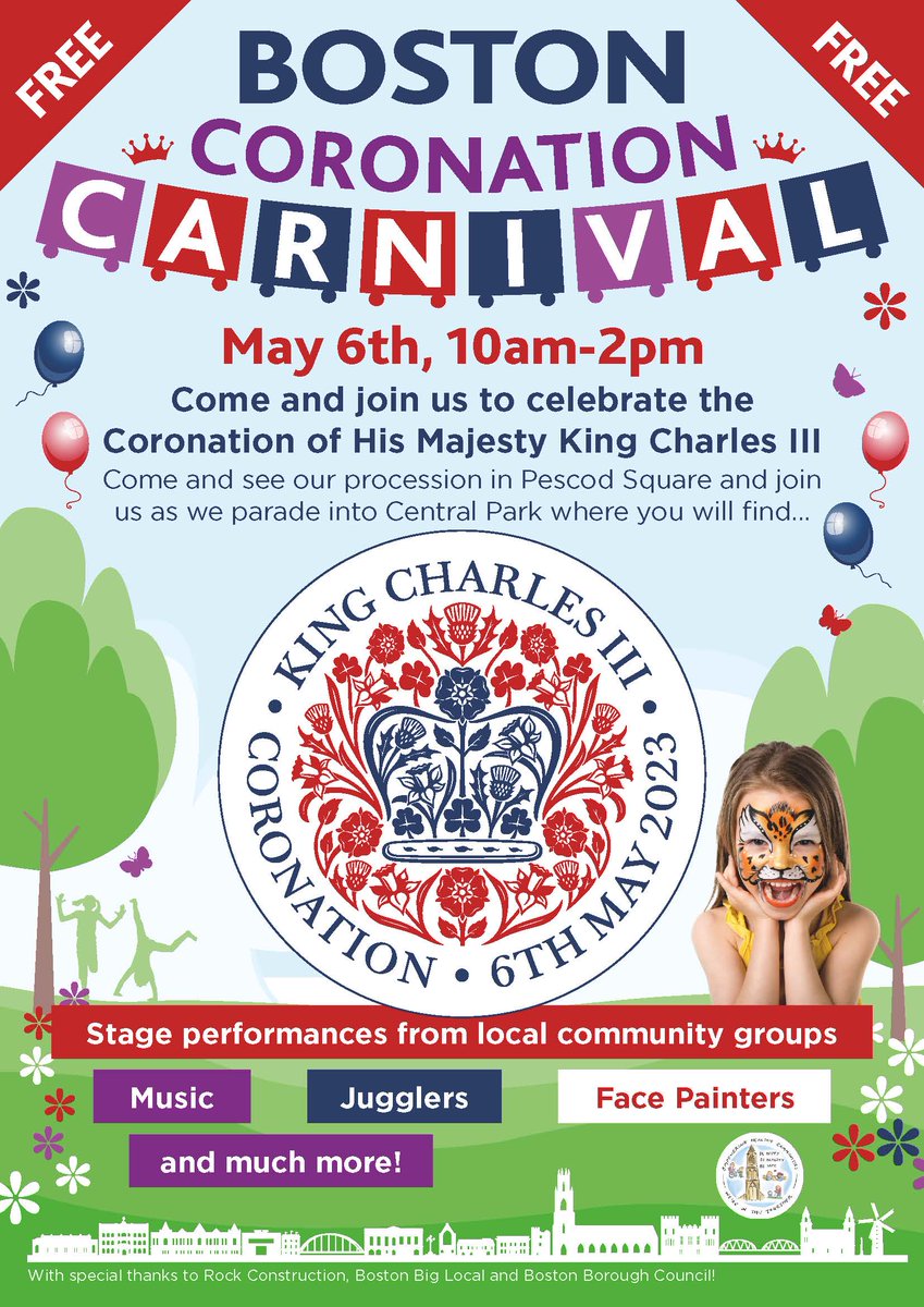 The town will be decked out in red, white and blue tomorrow for our FREE carnival for the King's Coronation 👑

Join us for family fun activities including:
🎨 Face painting
🎪 May Fair stalls 
🎈 Balloon modelling

#KingCharlesIII
