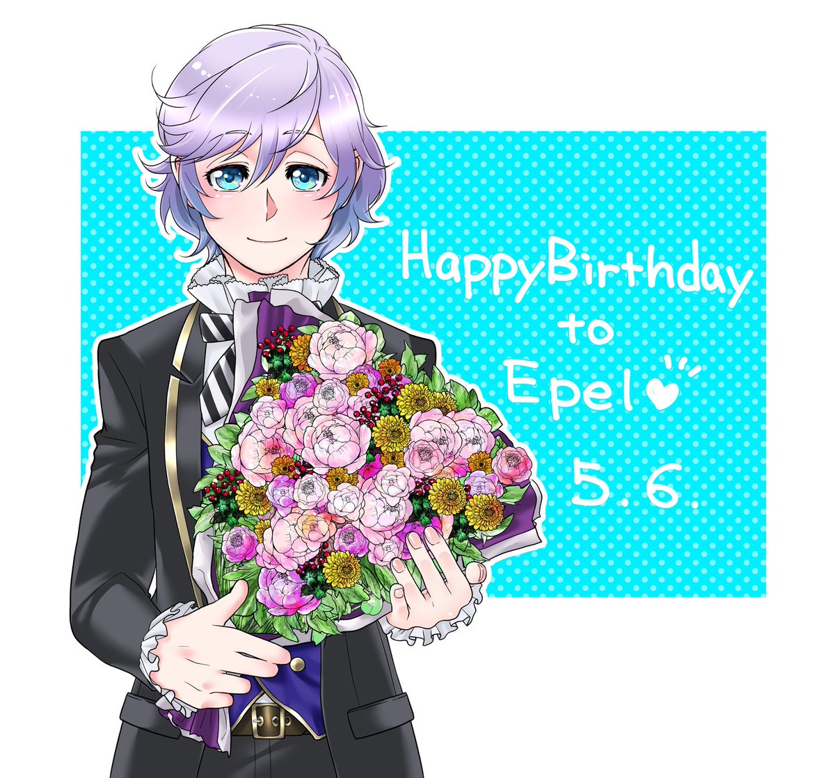 male focus 1boy bouquet blue eyes solo happy birthday smile  illustration images