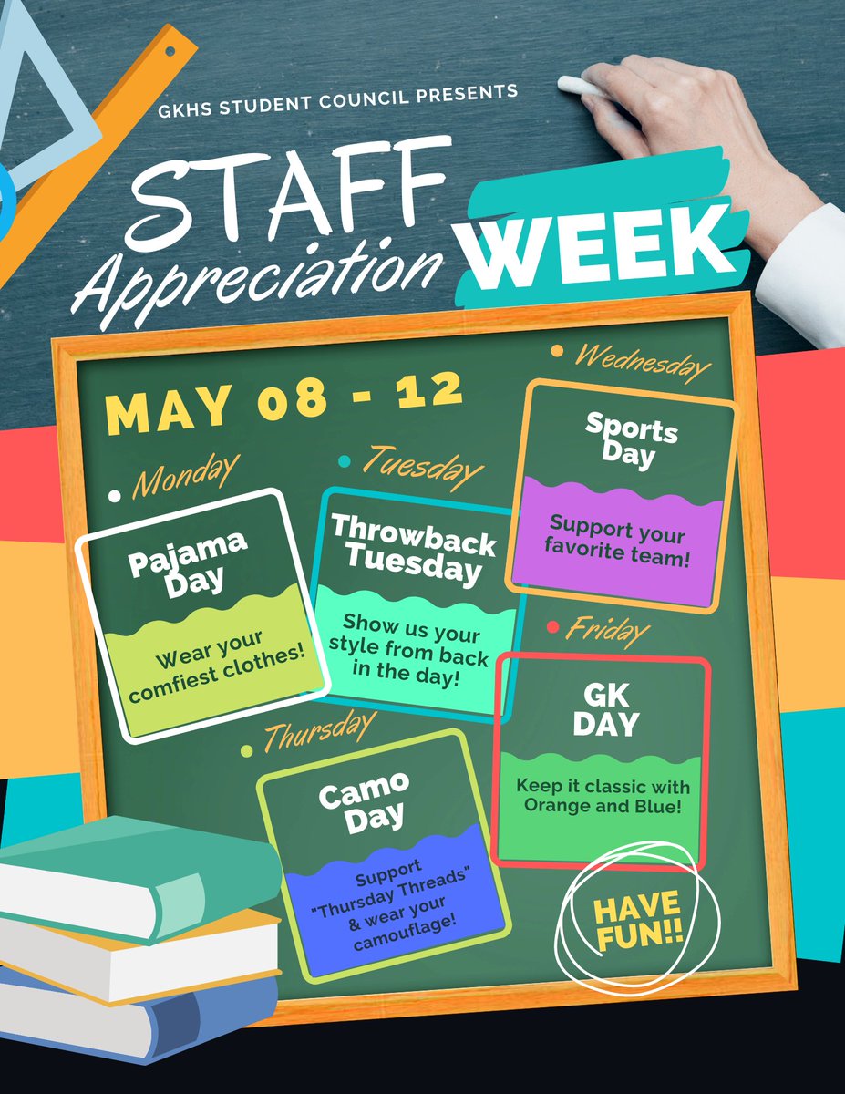 Heads up GKHS students! Support your amazing staff next week by dressing up AND stopping by the designated tables during the lunch periods to write some cards 😁❤
