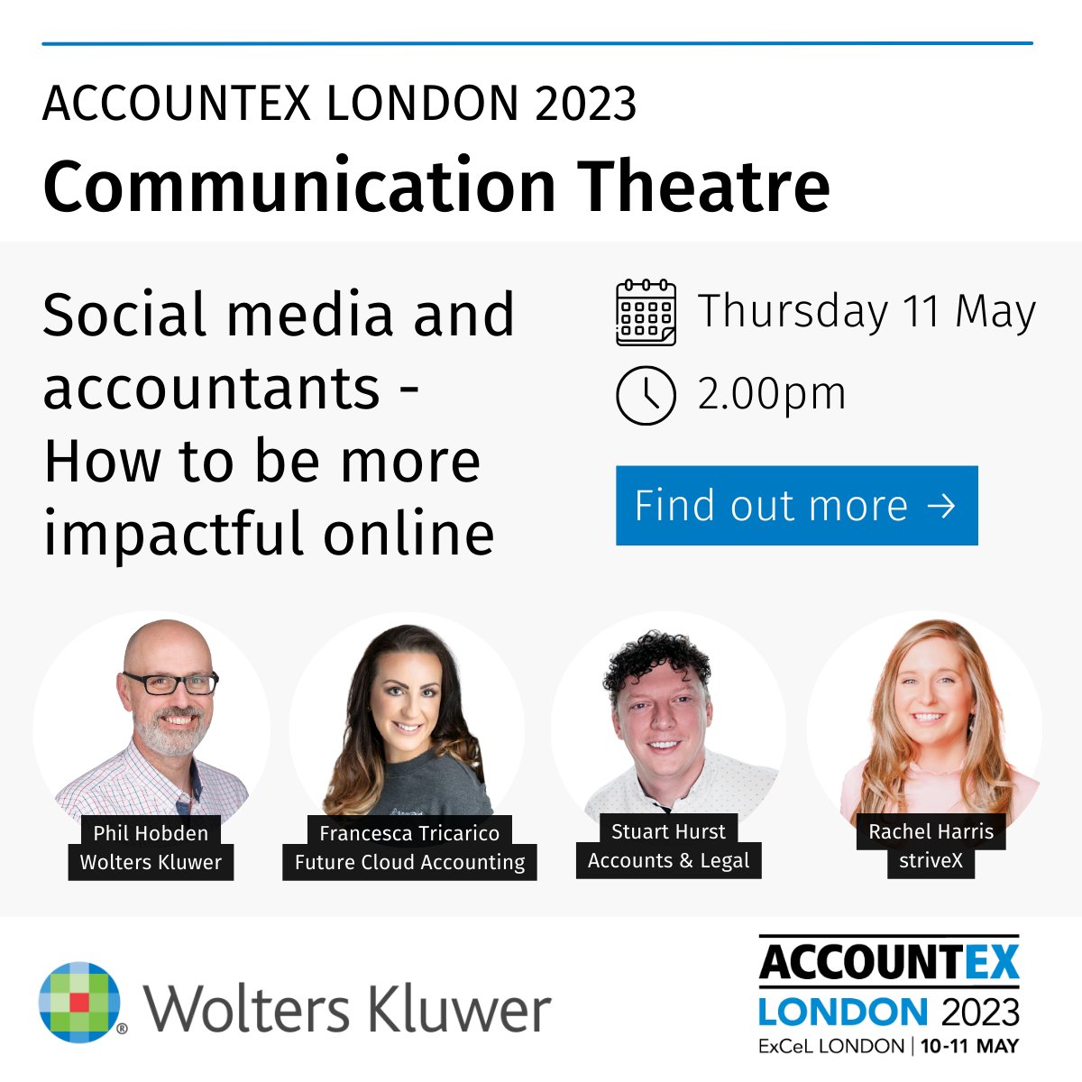 wolterskluweruk's tweet photo. @phil_hobden will be in @Accountex's Communication Theatre next week, talking about #socialmedia in #accountancy! He'll be joined by @StuHurstCloud, @accountant_she, and @FTricarico (who appeared on our #PracticeEvolution #podcast this year).
Don't miss this fascinating panel! https://t.co/9w0jWa1omp