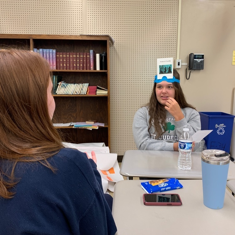 Student in AP Lit reviewed for their exam by playing a version of Headbandz with characters and symbols from novels they've read.