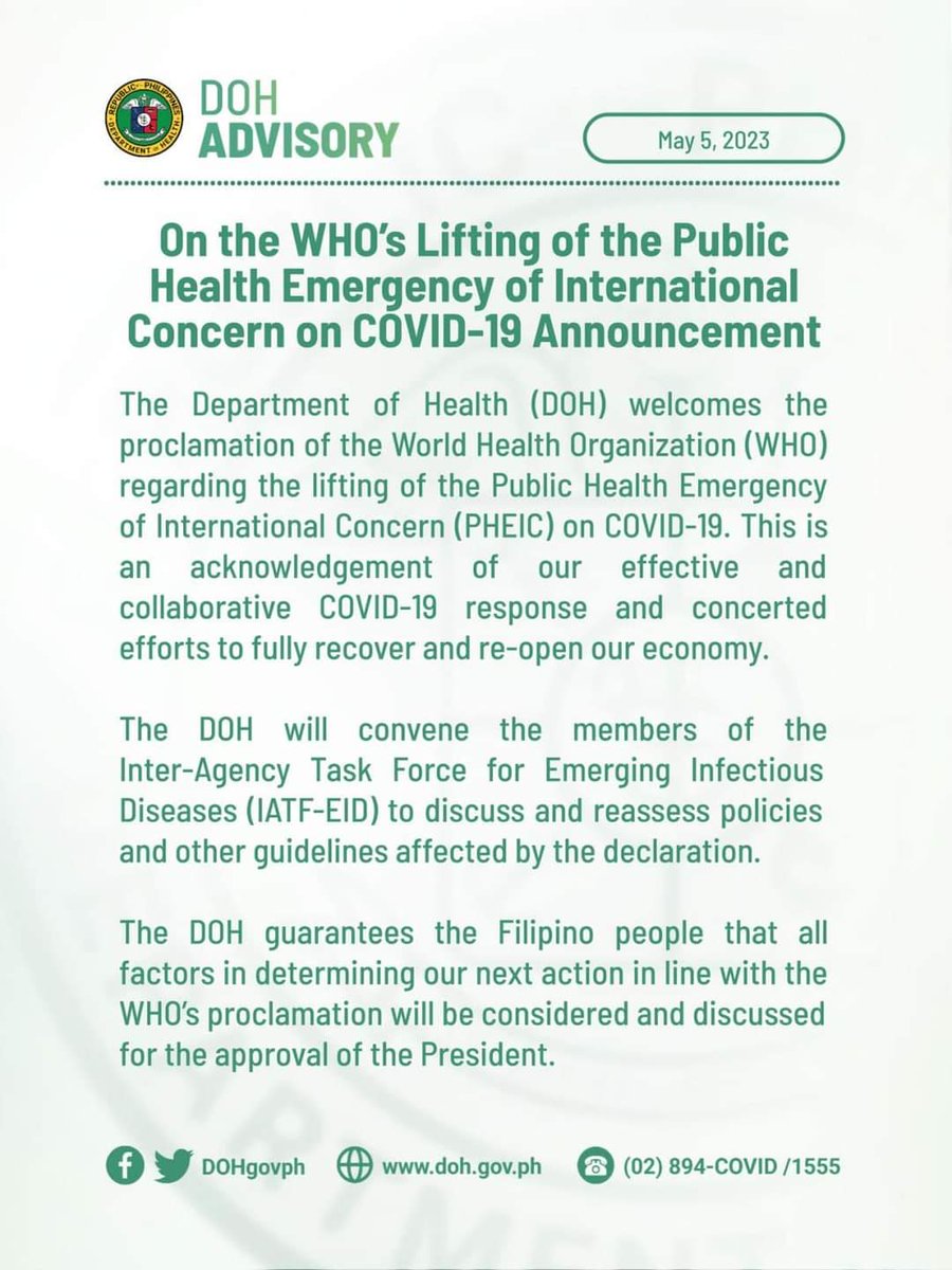ABSCBNNews's tweet photo. @WHO @AFP READ: Department of Health releases statement after WHO announces end of #COVID19 as global health emergency. | via @jeffreyhernaez https://t.co/FHg7eSbGNP