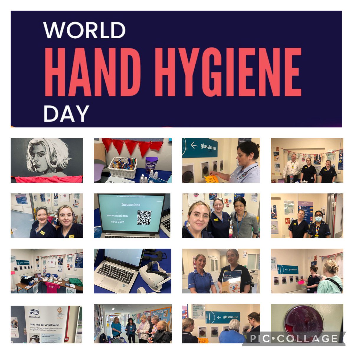 GlosIPC's tweet photo. We have had great engagement from staff across @gloshospitals for #WorldHandHygieneDay. Staff have really enjoyed using the @essity VR hand hygiene game, taking part in our mentimeter quiz, testing their HH technique with SureWash and ‘guess the plate’ game. https://t.co/BsZZNO1i4q
