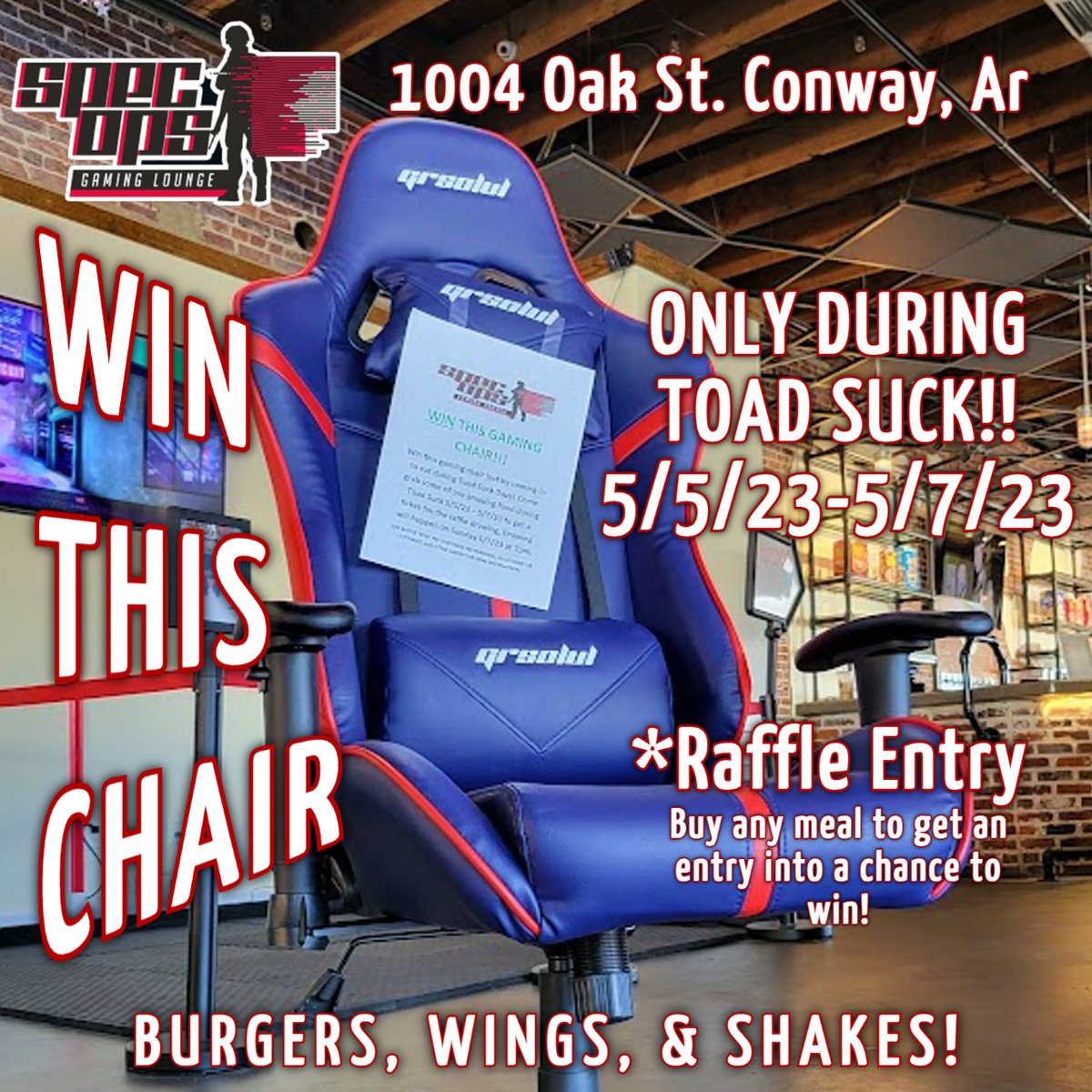 SpecOpsGLounge's tweet photo. Happy Toad Suck Daze, everyone! If you're in Conway, AR, stop by Spec Ops today and enter our raffle to win an awesome gaming chair! It's the perfect chance to upgrade your gaming setup and impress your friends! We are open!🎮🪑 #ToadSuck #GamingChairGiveaway #ConwayAR https://t.co/uvSa0yh7u1