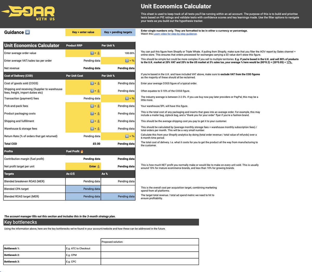 We’ve grown 200+  brands in the last 3 years. 

- All industries 
- Range of budgets 
- Across platforms

We use this Unit Economics Calculator to guarantee profitability…

If you want a copy to use for your brand, RT + comment ‘Me’ and I’ll send it to you.