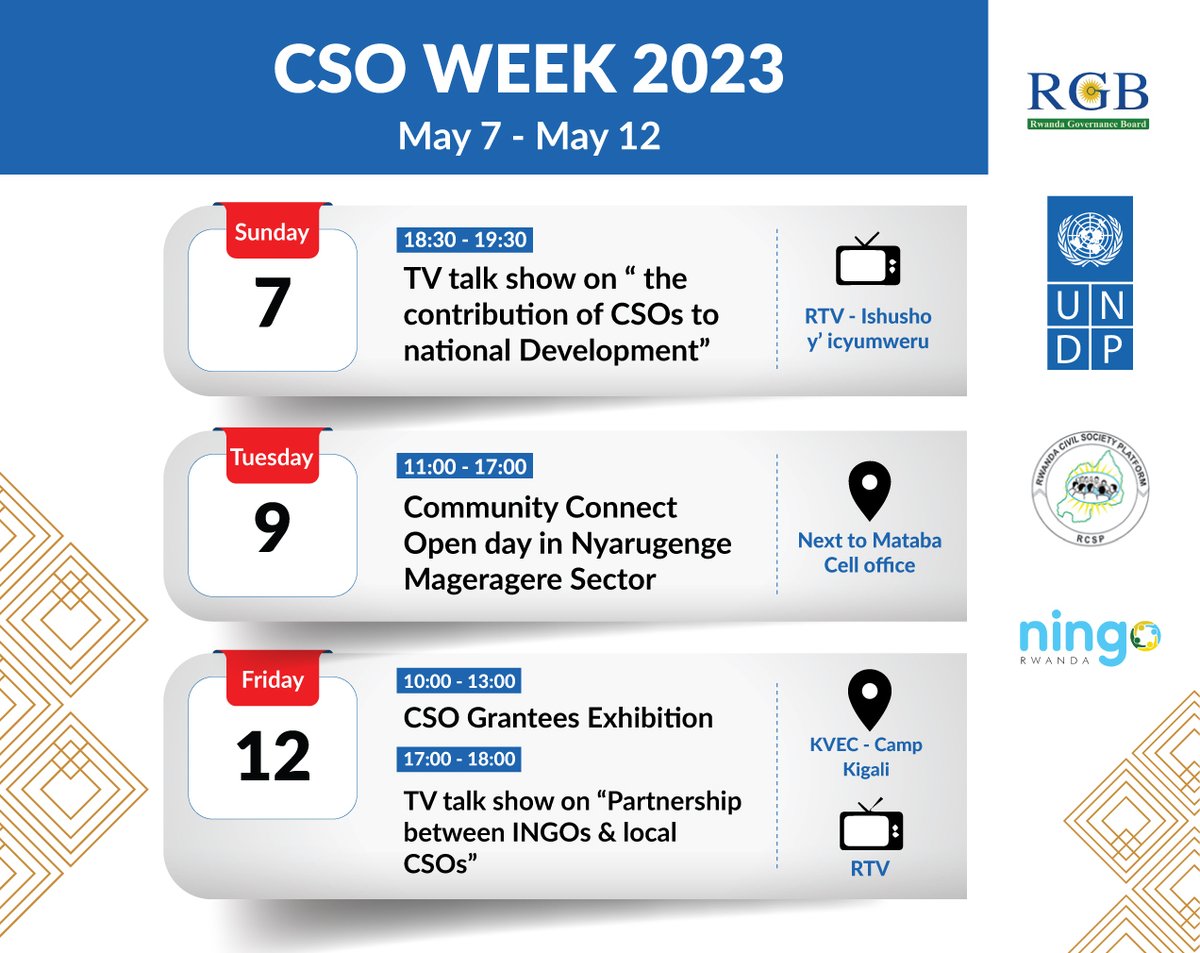 UNDP_Rwanda's tweet image. 📢 Save the date! Get ready for an exciting week 7th-12th May, as we observe #CSOWeek2023Rw. This year's theme is #CSO4People. We have a lineup of activities to celebrate the critical role that CSOs play in driving positive change in our communities. Don't miss out! #SDGs🌍👥
