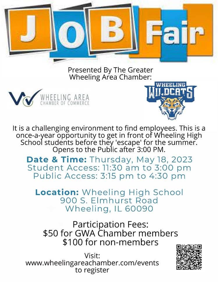Dan Weidner (@weidnerdan) on Twitter photo Students - Need part-time, full-time, summer work or internship/apprenticeship?
Wheeling employers - Need employees?
May 18 is our job fair!
Employers - register online
Students - come w/ classes or during open periods
Public - attend after school
<a href="/Wheeling_Cats/">Wheeling High School</a>
<a href="/District214/">District 214</a> Students - Need part-time, full-time, summer work or internship/apprenticeship?
Wheeling employers - Need employees?
May 18 is our job fair!
Employers - register online
Students - come w/ classes or during open periods
Public - attend after school
<a href="/Wheeling_Cats/">Wheeling High School</a>
<a href="/District214/">District 214</a>