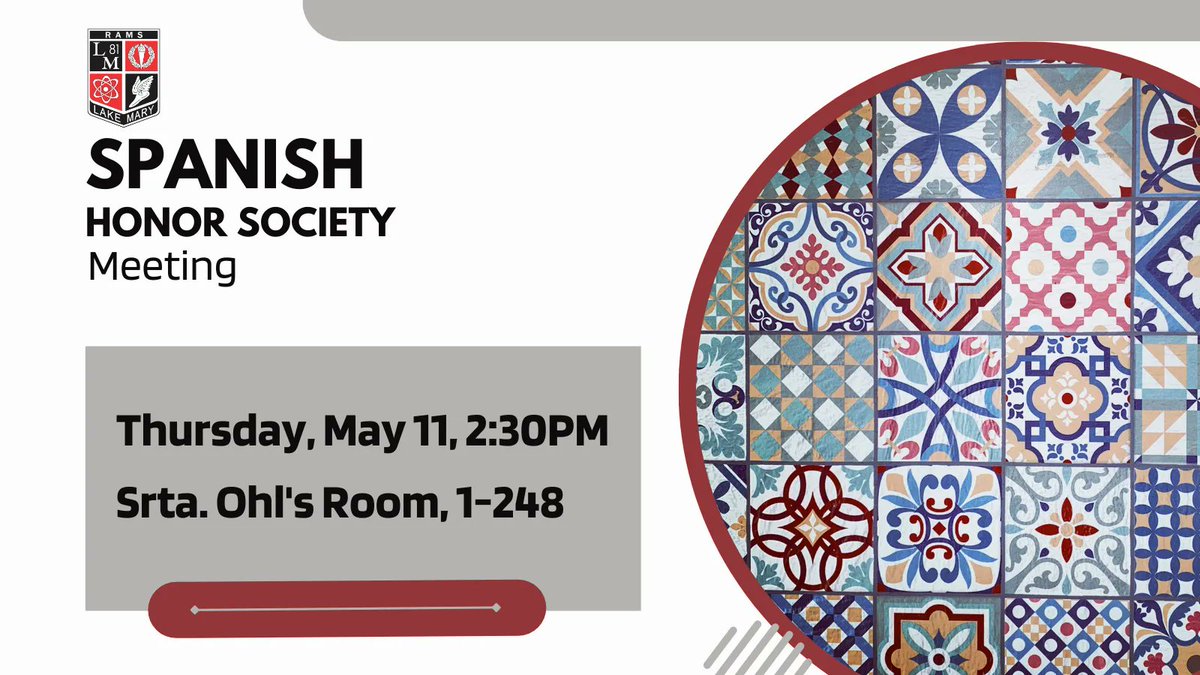 The next Spanish Honor Society meeting will be held this Thursday May 11th in Srta. Ohl's room (01-248). Please arrive by 2:30pm and wear your Spanish Honor Society tshirt! We will be celebrating our seniors with a goodbye party, cords and stoles. Hasta pronto!