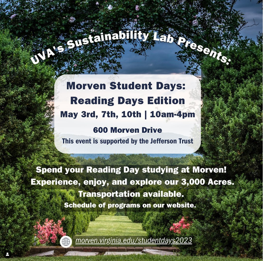 jefferson_trust's tweet photo. @uva students – need a study break or change of scenery on Reading Days? Visit Morven Farms on Sunday, 5/7, or Wednesday, 5/10. Visit: https://t.co/OdthVHuUow for more information and to register.
@uvastudentaffrs @sustainableuva #UVA #grantproject #impactUVA #jeffersontrust https://t.co/8zmKgGCq7R