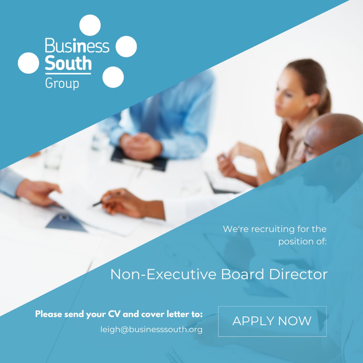 From an education or professional services background? Looking to develop your skills as a board member working with the region’s best-connected business organisation?
 
We currently have two vacancies for Non-Executive Directors. Email leigh@businesssouth.org for details.