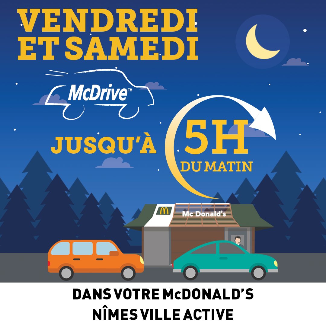 Votre restaurant McDonald’s Nîmes Ville Active passe en horaires d’été 😎
Il sera ouvert les Vendredis et Samedis jusqu’à 5h du mat 🔥

#horairedété #5h #mcdo #nimes #mcdonimes #villeactive