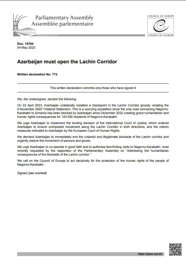 KarenGh67924720's tweet photo. PACE statement signed by 40 parliamentarians:
▪️ Calls on 🇦🇿 to immediately end the blockade of the Lachin corridor and comply with the decisions of the Intl Court of Justice
▪️ Calls on the Council of EU to act to protect the rights of the people of Nagorno-Karabakh
#Stop_ 🇦🇿 https://t.co/rkRGubyfjp