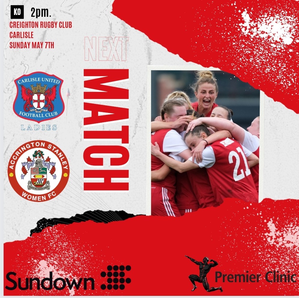 Accrington Stanley Women (@aswfcofficial) on Twitter photo We take on <a href="/CUFCLadies/">Carlisle United LFC</a> in our final game of the season this Sunday 🔴⚪
📍 Creighton Rugby Club, Carlisle, CA1 3SR
⚽ KO 2pm
🎟️ FREE entry
We would love your support for one last time this season 💪
<a href="/SundownSolLtd/">Sundown Solutions Ltd</a> We take on <a href="/CUFCLadies/">Carlisle United LFC</a> in our final game of the season this Sunday 🔴⚪
📍 Creighton Rugby Club, Carlisle, CA1 3SR
⚽ KO 2pm
🎟️ FREE entry
We would love your support for one last time this season 💪
<a href="/SundownSolLtd/">Sundown Solutions Ltd</a>