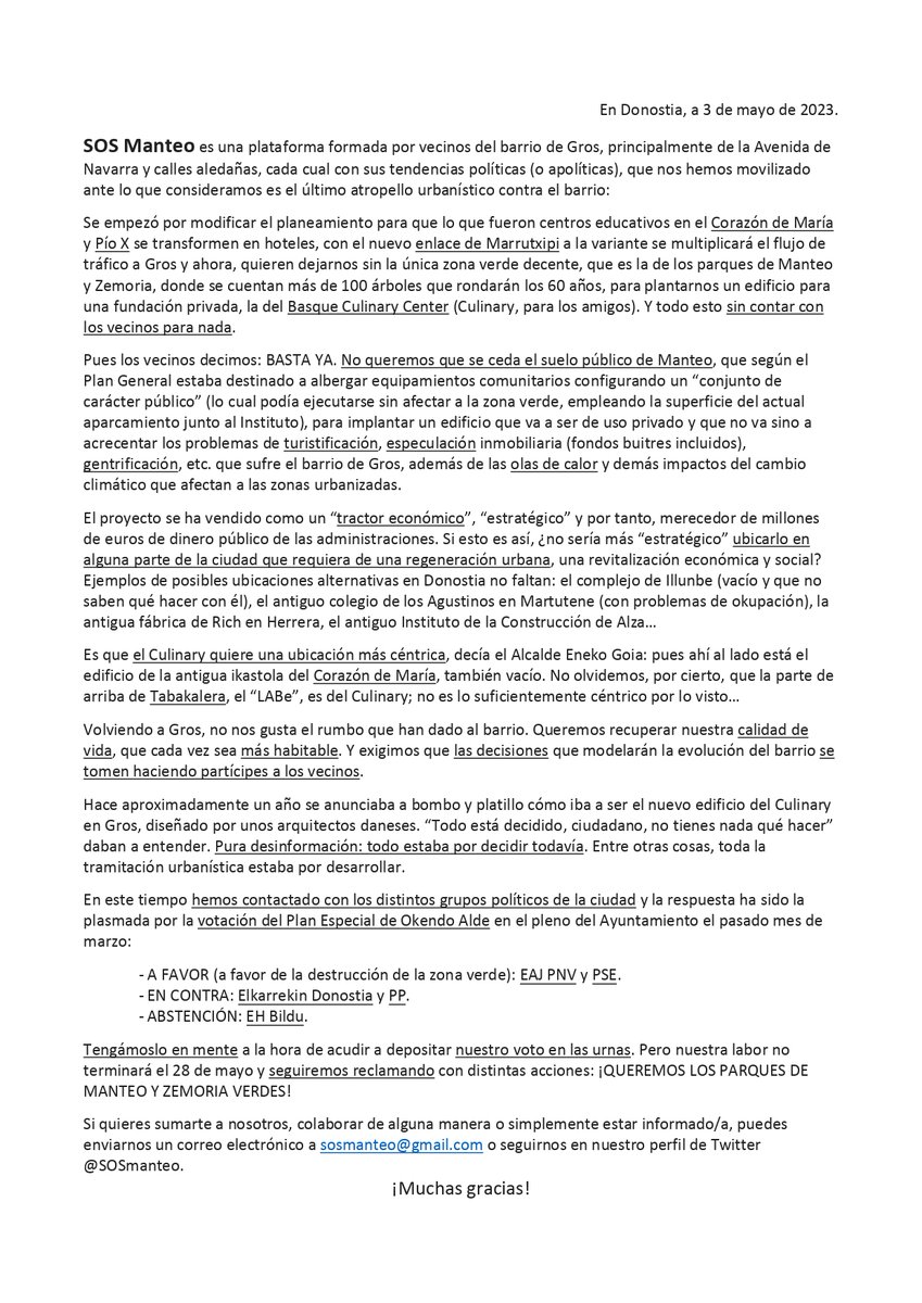 BerdeakEquo_Gip's tweet image. En este documento está todo dicho 🔎.
Apoyamos al 100% 💯.
Si quieres colaborar para parar el #desproposito de hacer un centro del #BasqueCulinaryCenter en los parques de #Manteo y #Zemora en #Donostia, contacta y sigue @SOSmanteo.
Menos 🏗️ edificaciones , más 🌳parques.