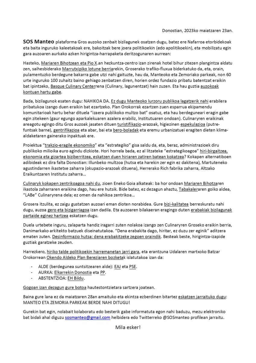 BerdeakEquo_Gip's tweet image. En este documento está todo dicho 🔎.
Apoyamos al 100% 💯.
Si quieres colaborar para parar el #desproposito de hacer un centro del #BasqueCulinaryCenter en los parques de #Manteo y #Zemora en #Donostia, contacta y sigue @SOSmanteo.
Menos 🏗️ edificaciones , más 🌳parques.